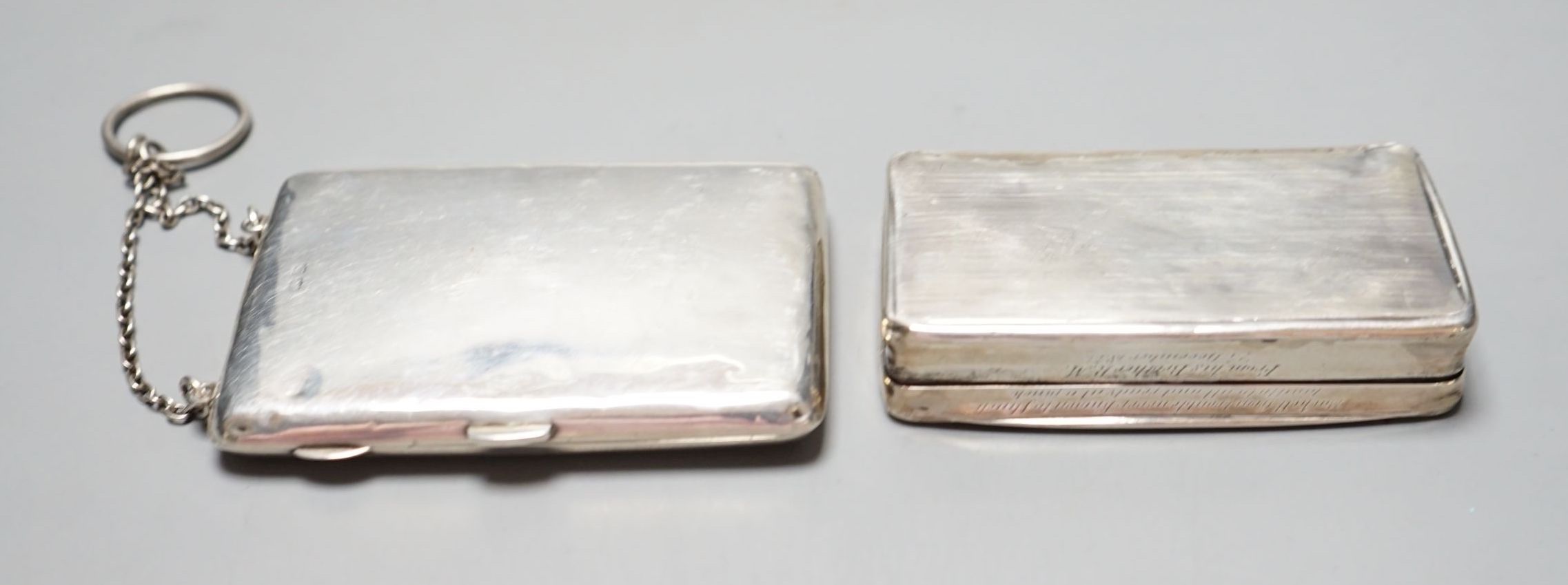 A Dutch white metal snuff box, 92mm and a George V silver card case/purse, Birmingham, 1916.